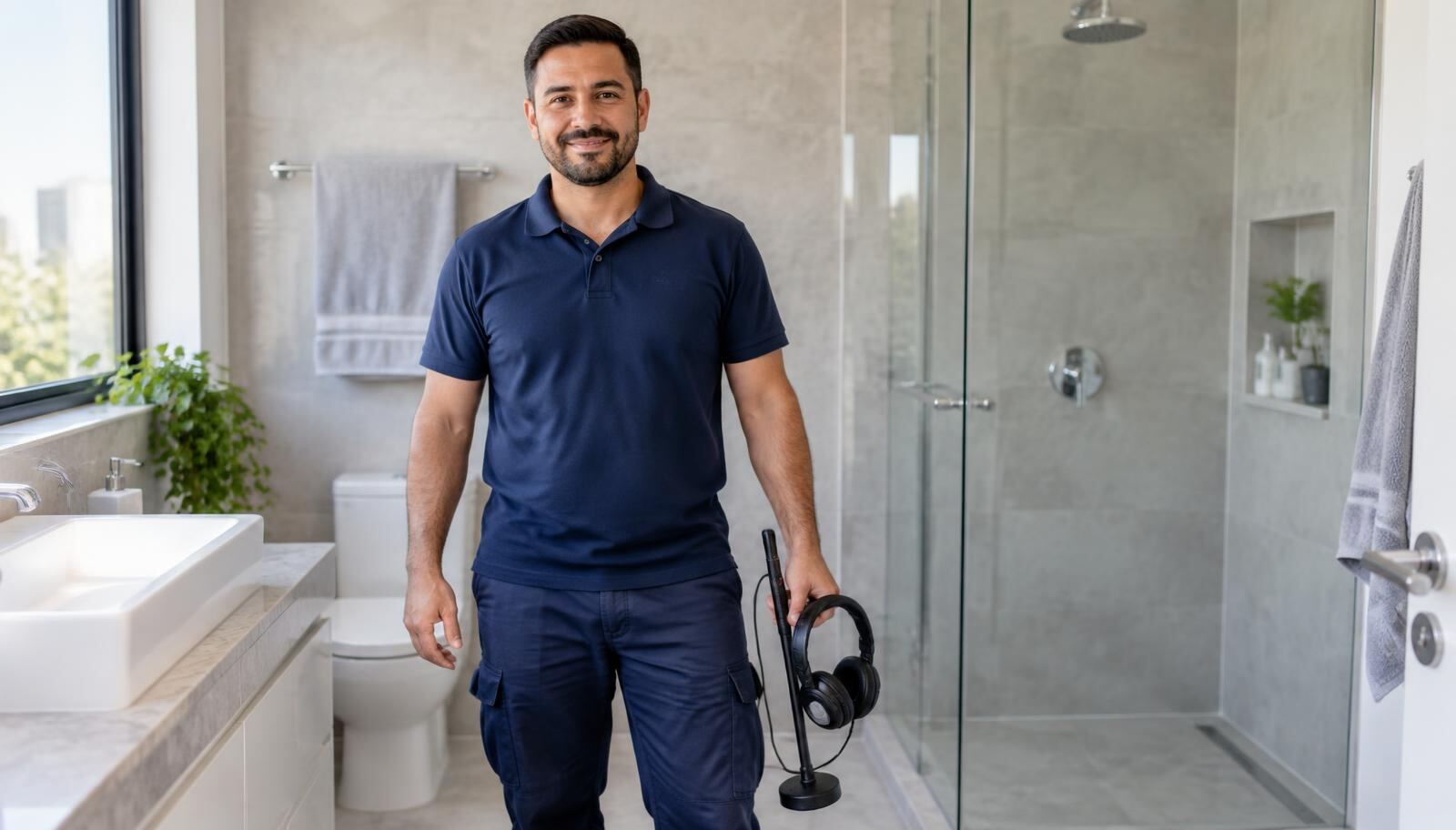 Técnico da MT Reparos com equipamento de escuta acústica em banheiro